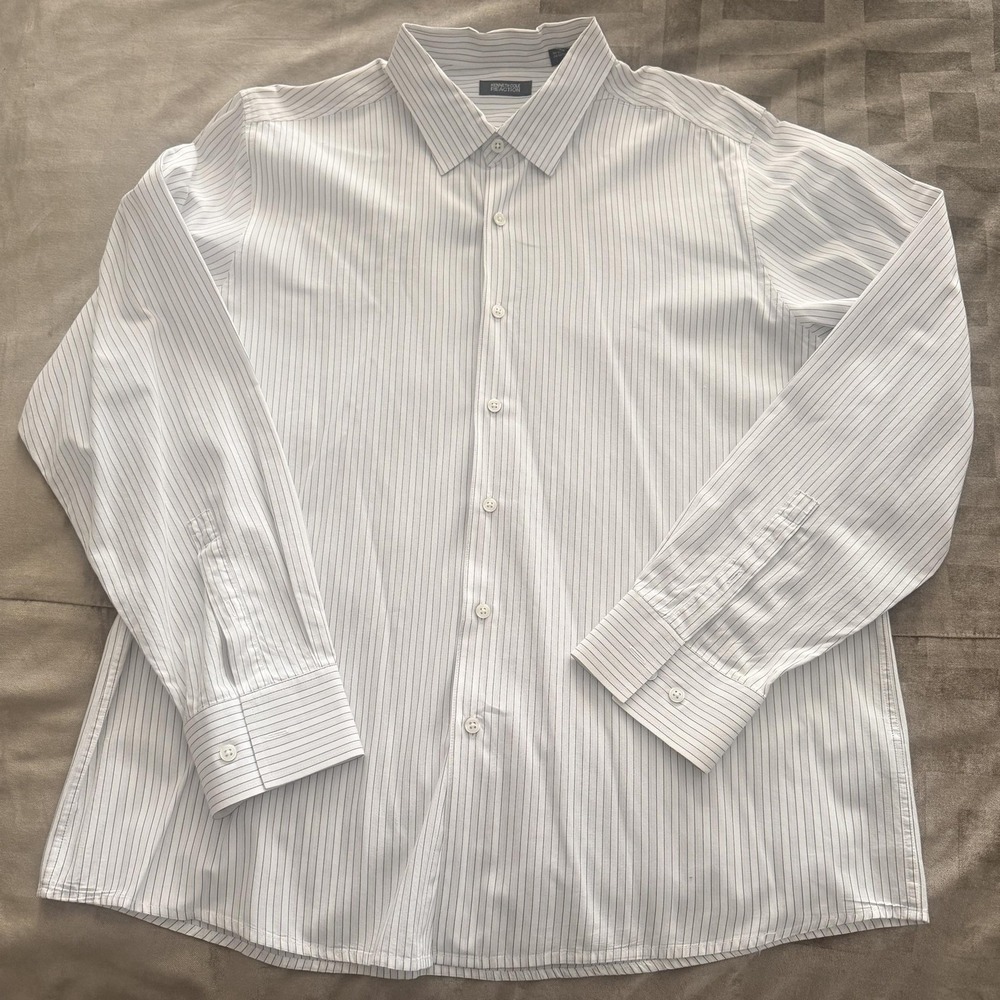 Kenneth Cole Reaction XL White Pinstripe Dress Shirt Mens Button Front Cotton